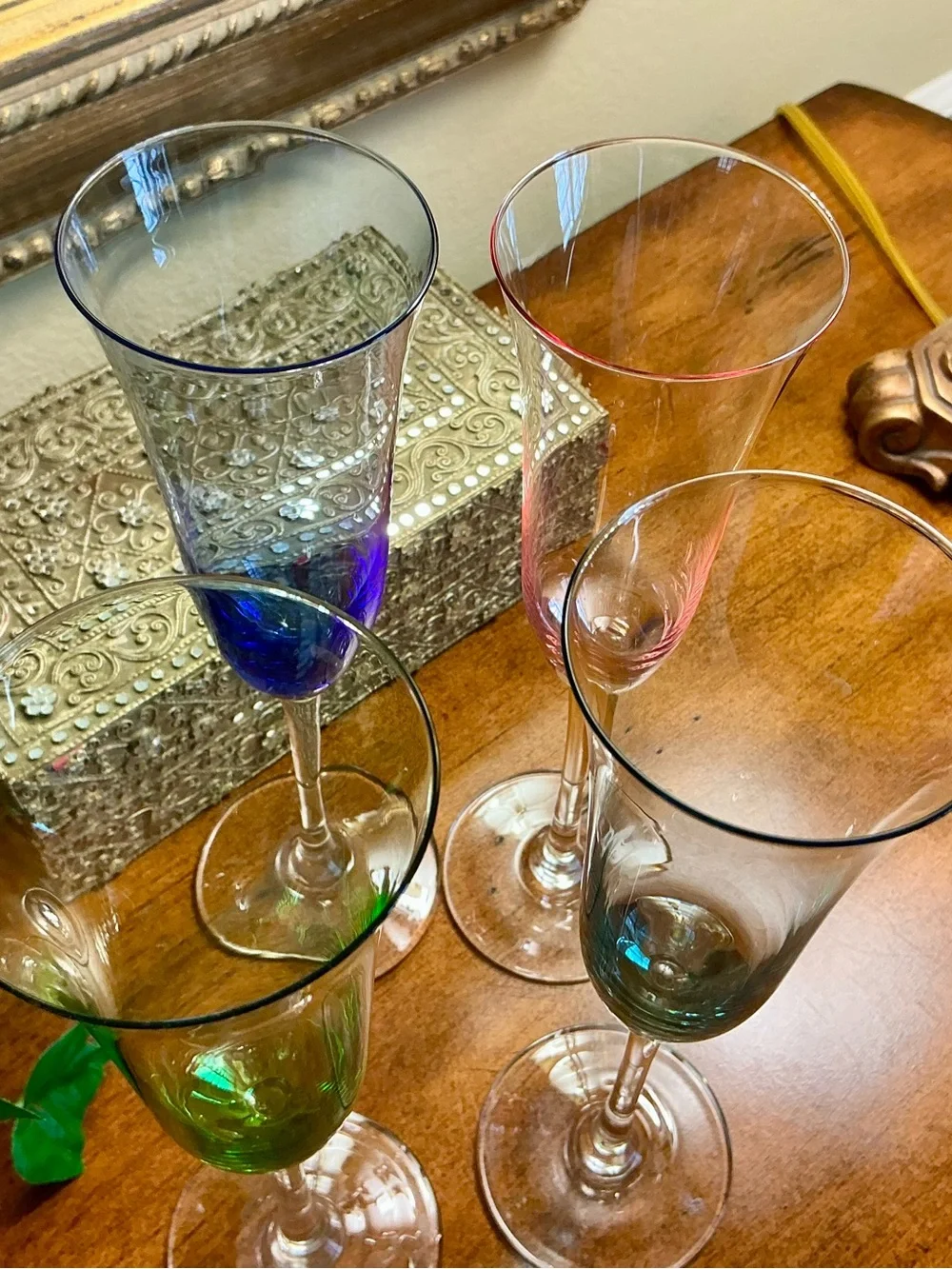 Vintage Hand-Blown Art Glass Champagne Flutes - Jewel Toned-Set of 4